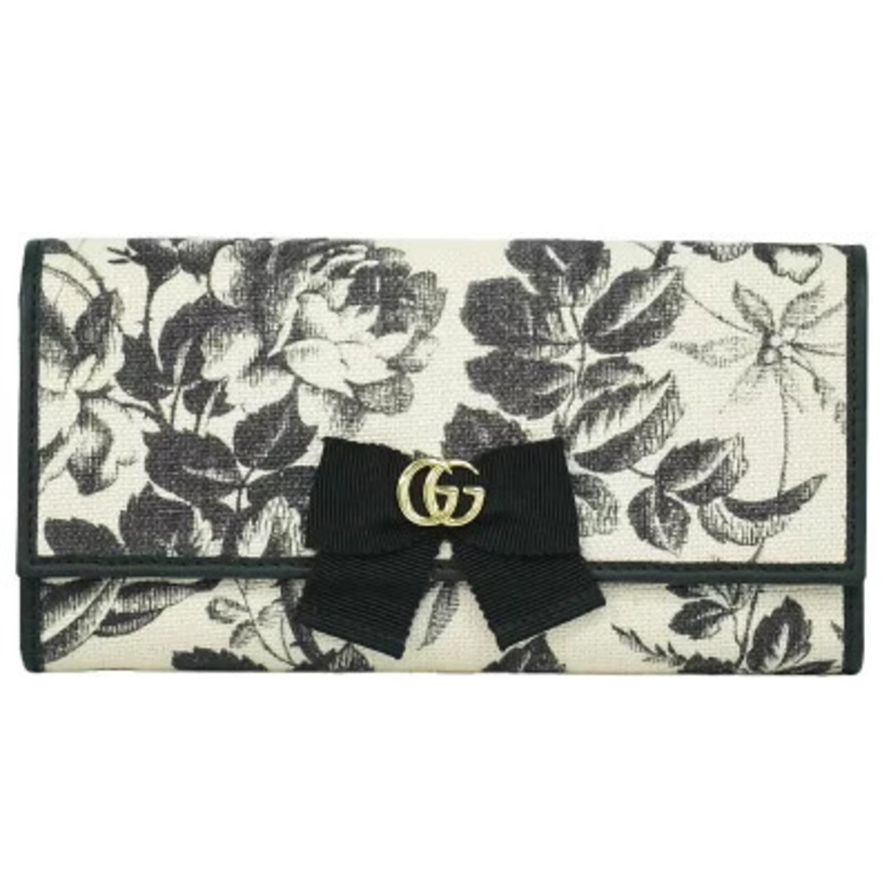 Gucci GG Marmont Floral Flower Ribbon Long Wallet Canvas Ivory White Black